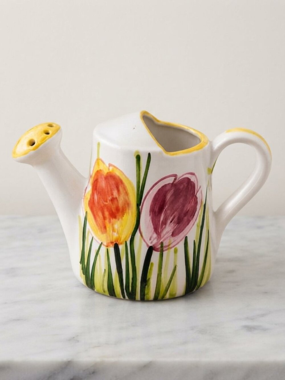 Vintage Italian Hand Painted Ceramic Watering Can Vase Tulip Floral Pitcher 5"